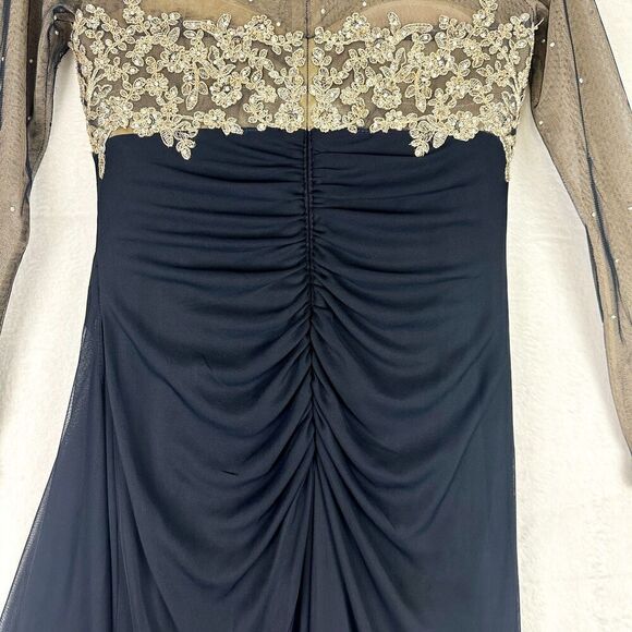 Xscape Noah Illusion Long Sleeve Lace Matte Jersey Gown Ruched Size 6 Navy Gold - Picture 12 of 16